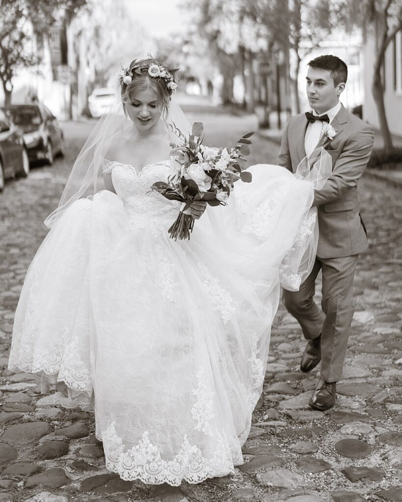 Bride and groom walking on Chalmers Street
