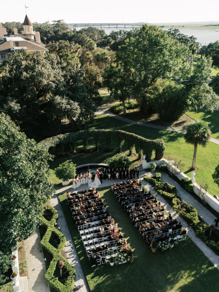 Drone perspective of Jekyll Island wedding at Crane Cottage