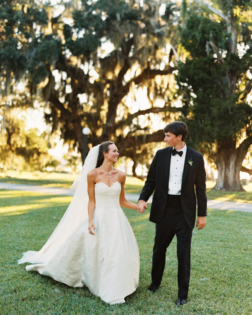 Bride and groom portraits at sunset on Jekyll Island at Crane Cottage