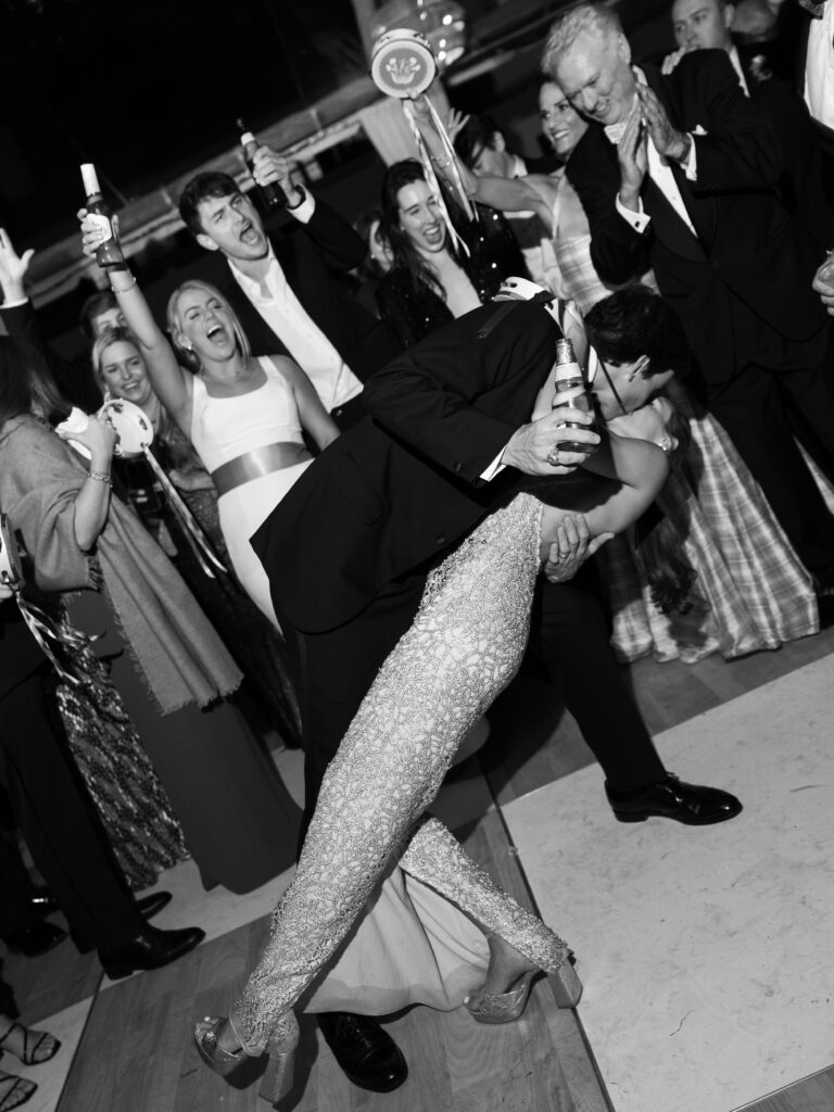 Bride and groom kiss