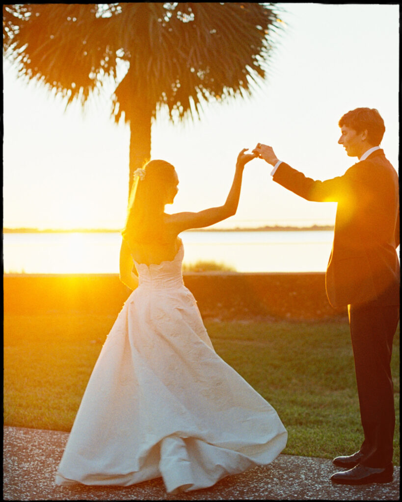 Bride and groom portraits at sunset on Jekyll Island at Crane Cottage