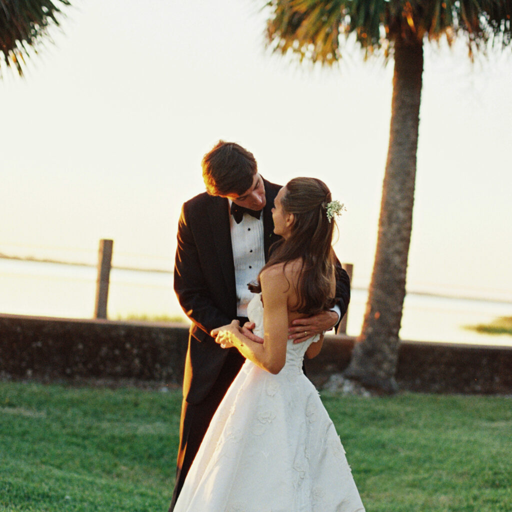 Bride and groom portraits at sunset on Jekyll Island at Crane Cottage