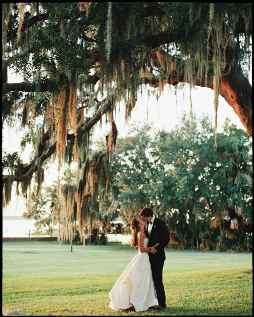 Bride and groom portraits at sunset on Jekyll Island at Crane Cottage