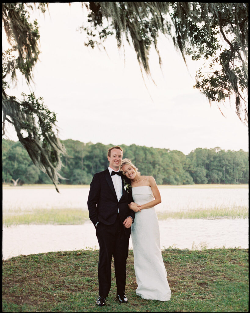 Charleston waterfront wedding portraits at sunset at a private estate