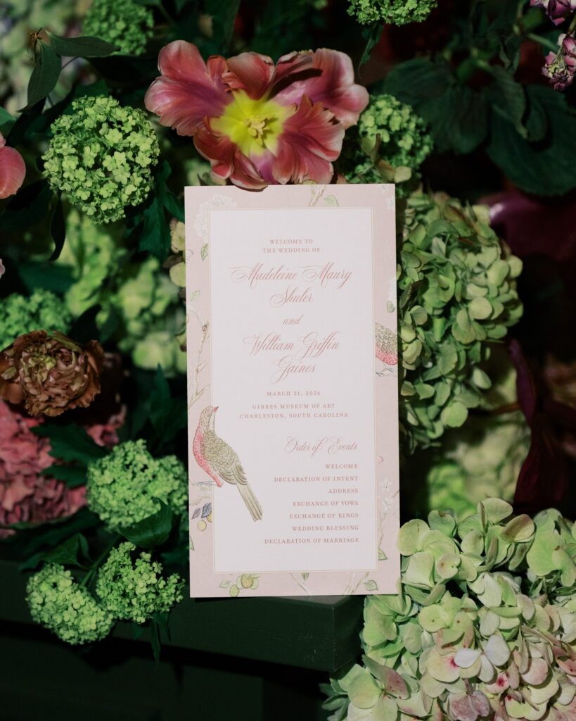 A wedding pamphlet for the order of events at a Gibbes Museum wedding in Charleston, South Carolina. 